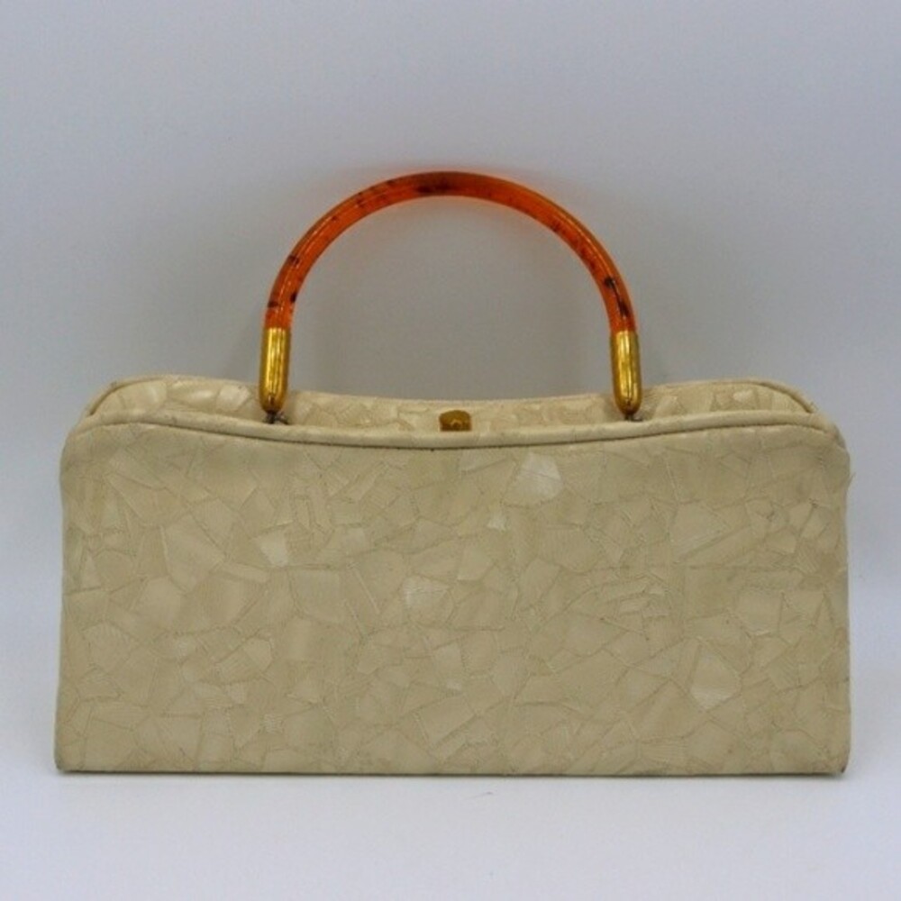 Vintage 1960s Cream Abstract Box Purse Lucite Top Handle Frame Handbag